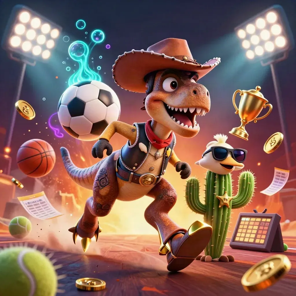Cowboy T-Rex, cactus sidekick and roadrunner amid coins, balls and gold light