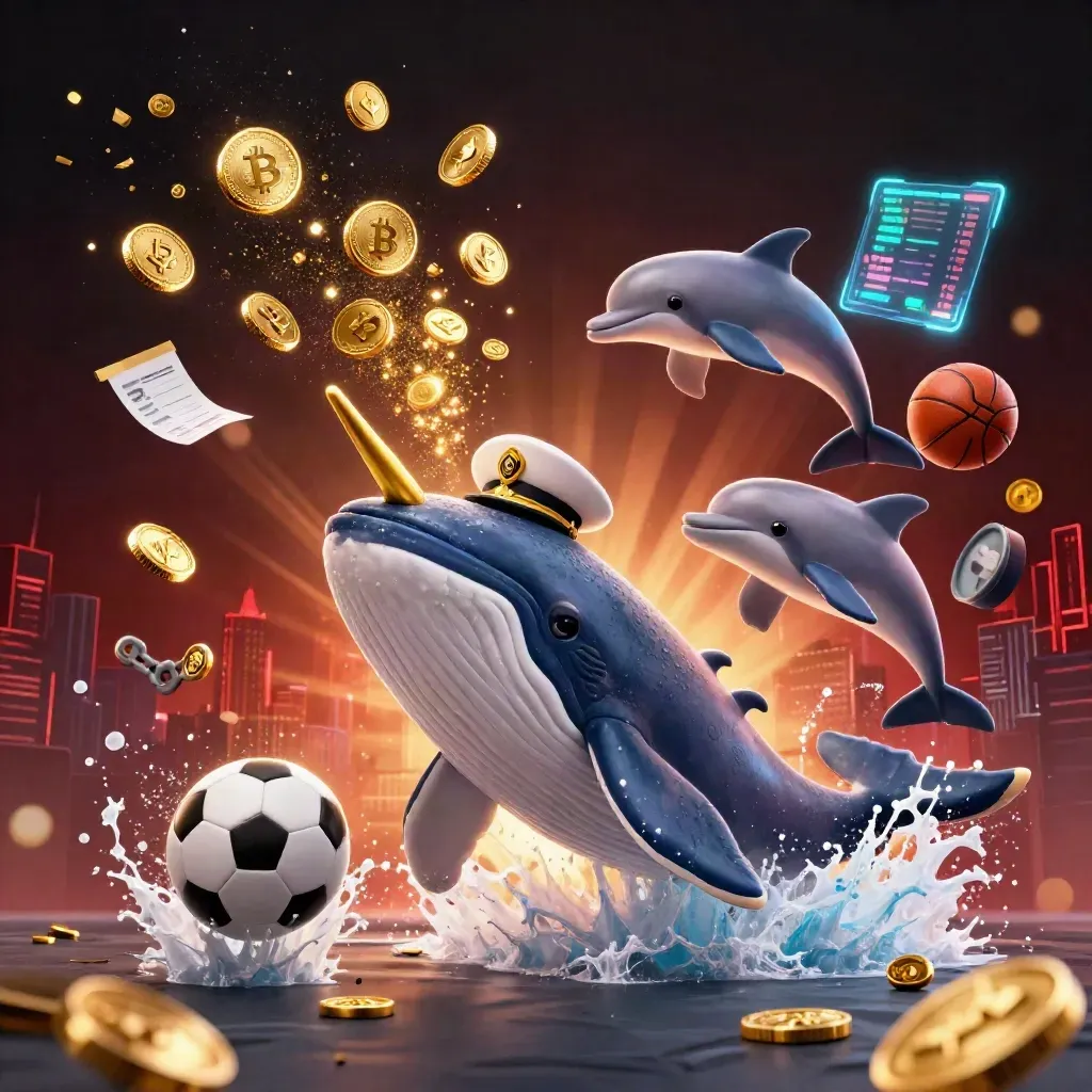 Fantasy whales, narwhal and dolphins explode with coins, sports balls and crypto glow at ground level.