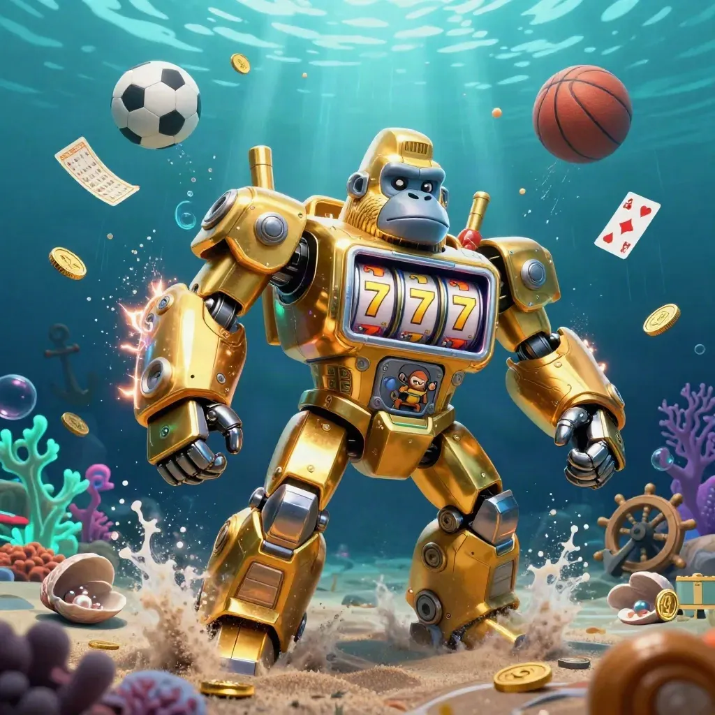 Golden gorilla slot mech underwater with balls, coins, coral, and electric light bursts.