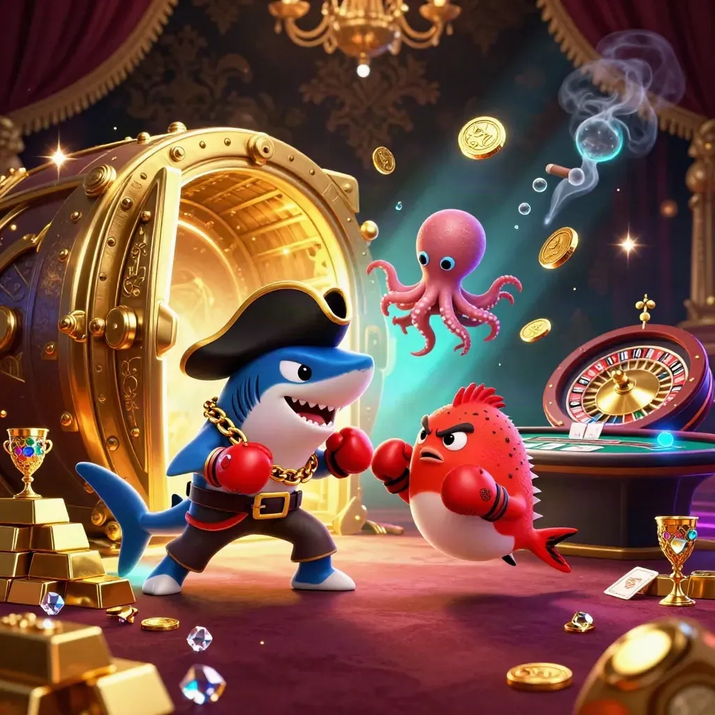 Pirate shark, pufferfish, and octopus in a glowing casino vault with gold and gems.