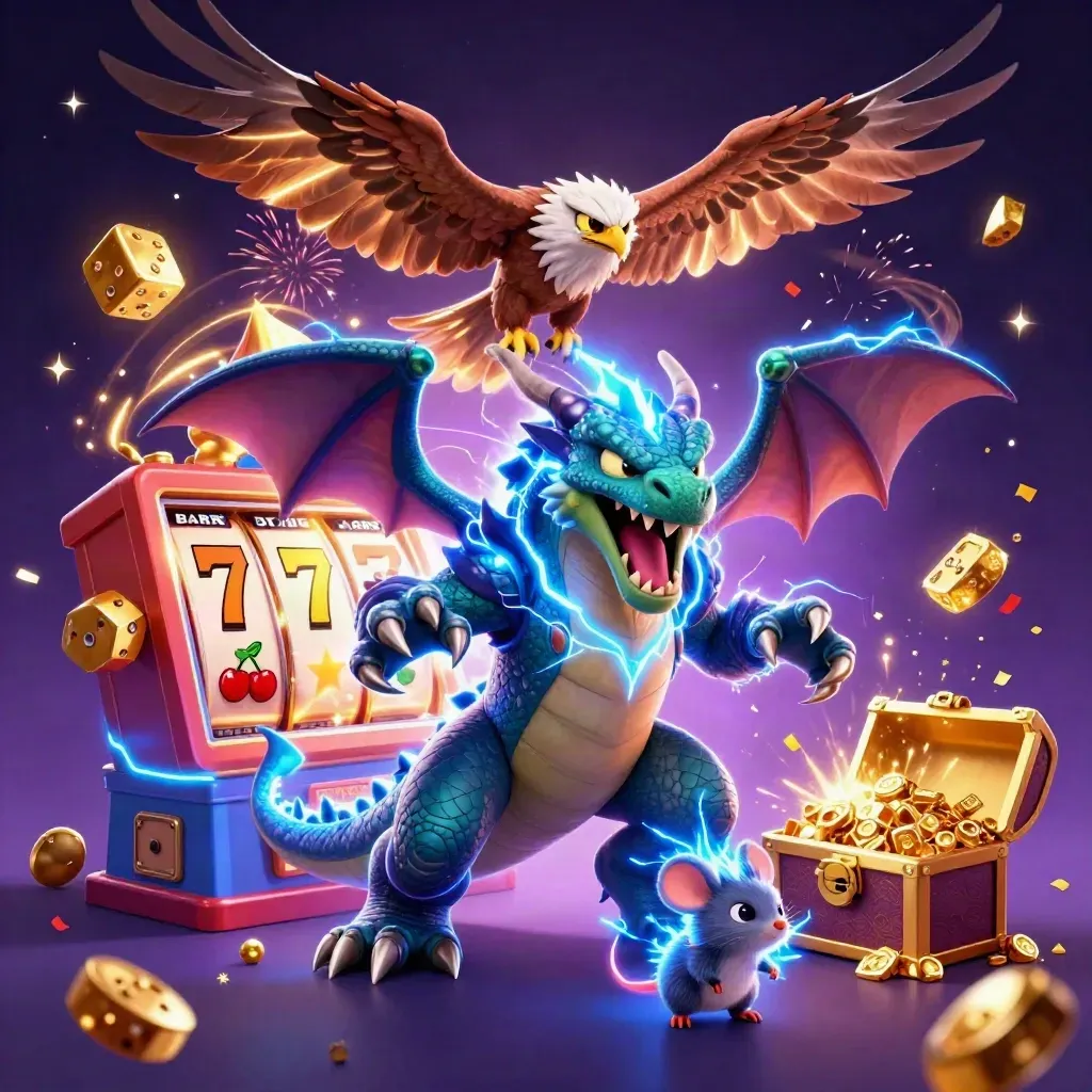 Thunder dragon, wind hawk, and static mouse burst from a slot machine in neon casino chaos