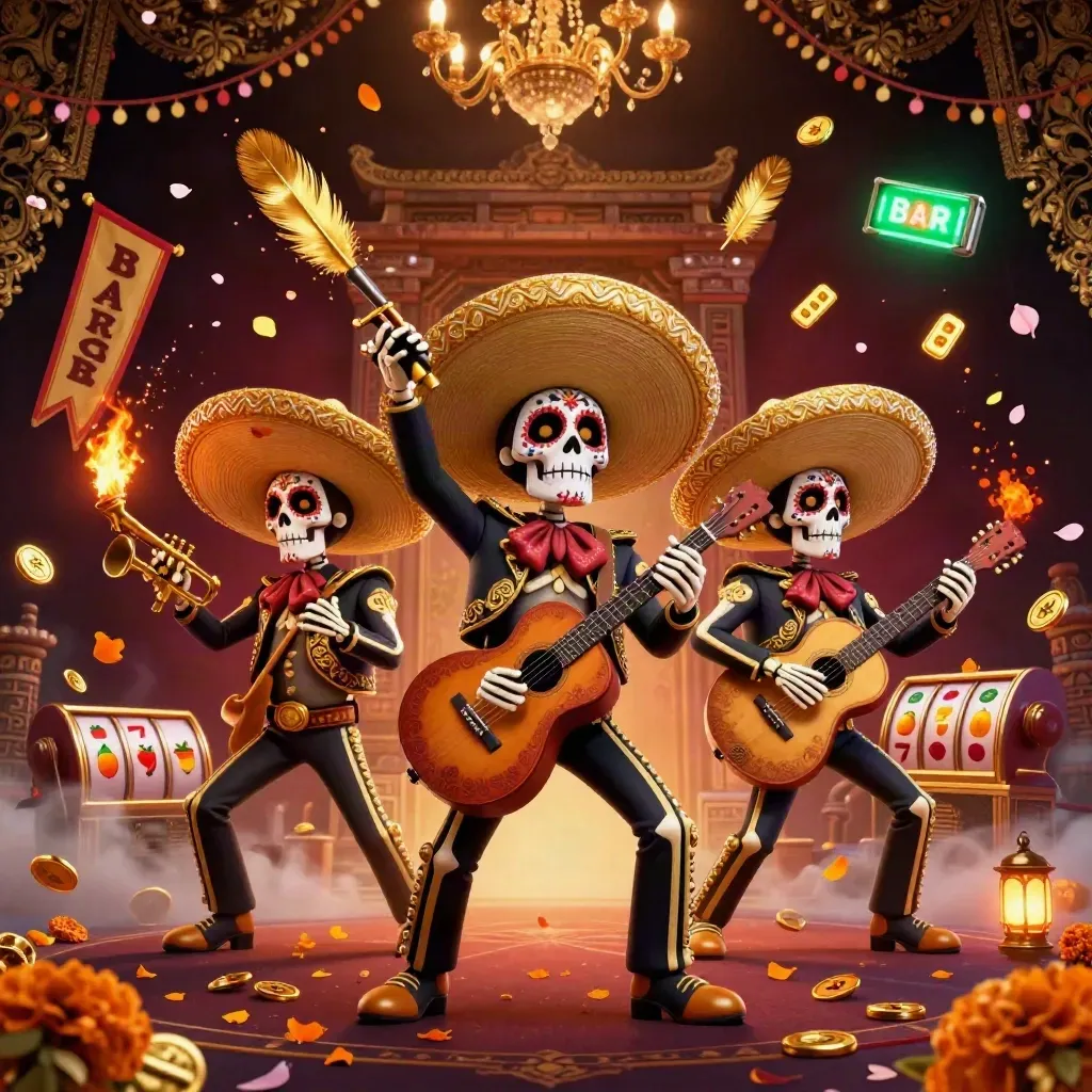 Day-of-the-Dead mariachi skeleton trio amid casino treasure, temple gate, petals, and emerald glow