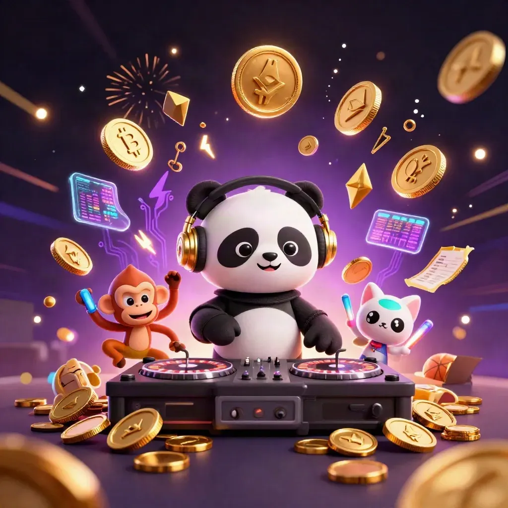 DJ panda, breakdancing monkey, and glow-stick kitten amid gold coins, fireworks, and neon crypto energy