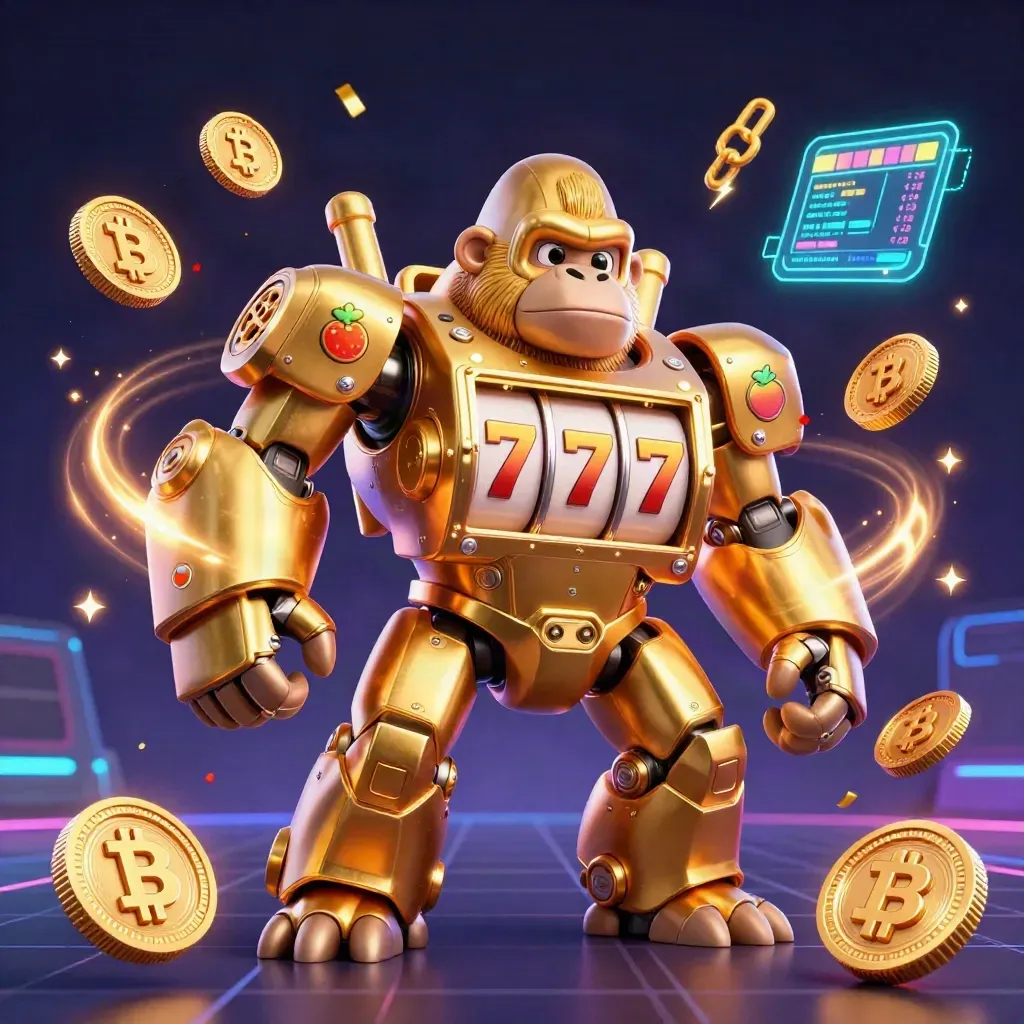 Golden gorilla slot mech with monkey pilot, crypto coins, neon charts, and casino effects