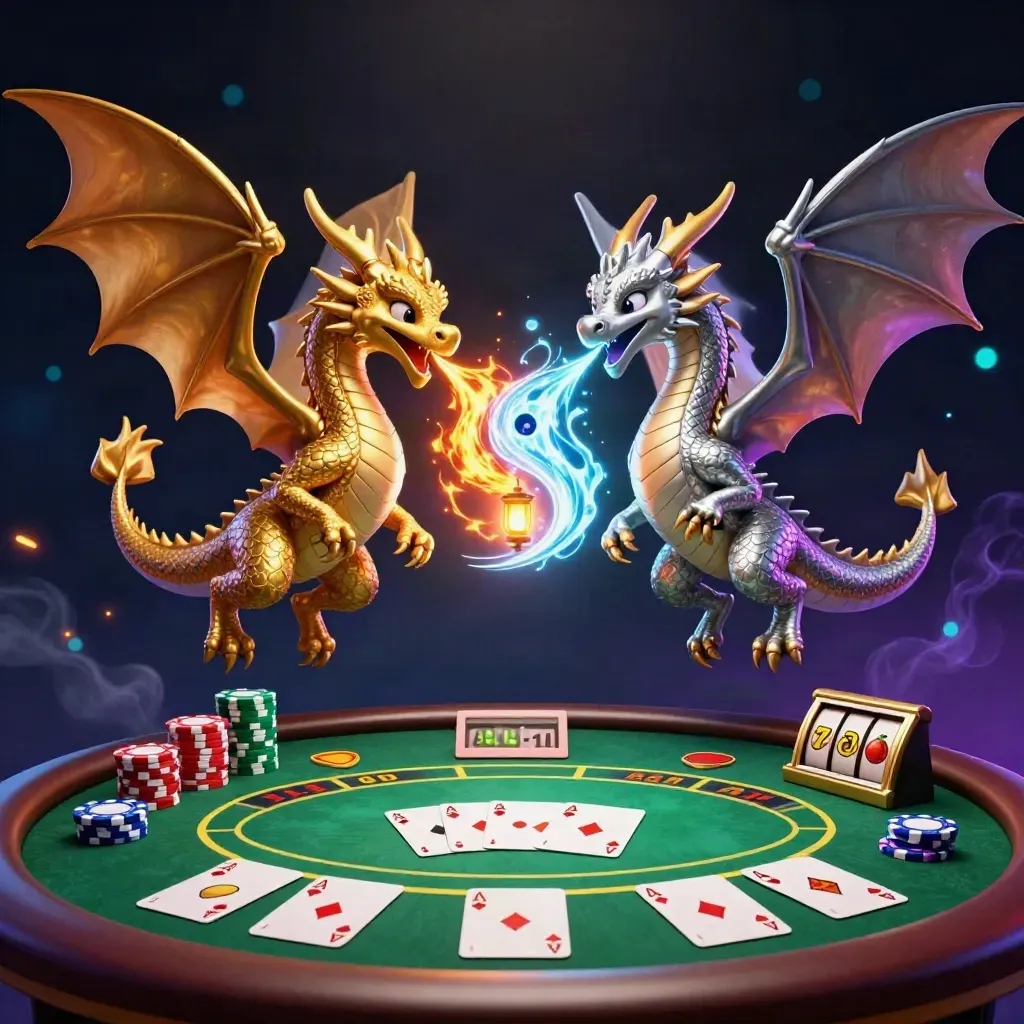 Gold and silver dragons spiral around a lantern spirit amid cards, chips, and slot reels.